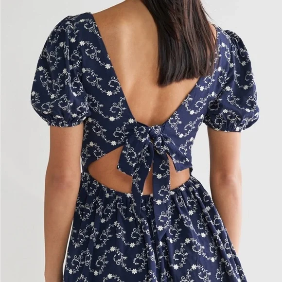 Francesca's Collection Gena Tie Back Embroidered Navy Puff Sleeve Mini Dress - Picture 3 of 16